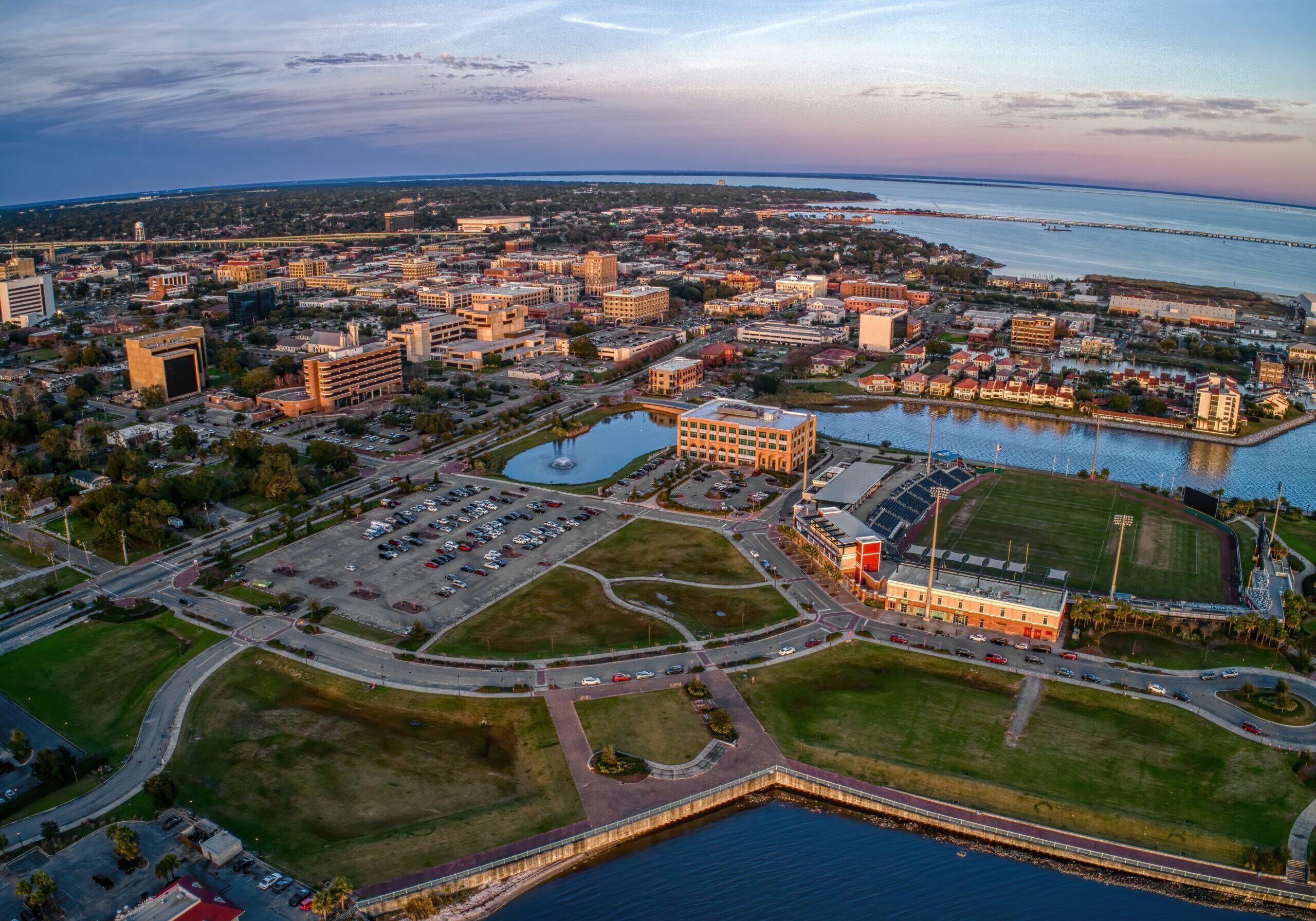 Aerial,View,Of,Pensacola,Florida,During,Sunset